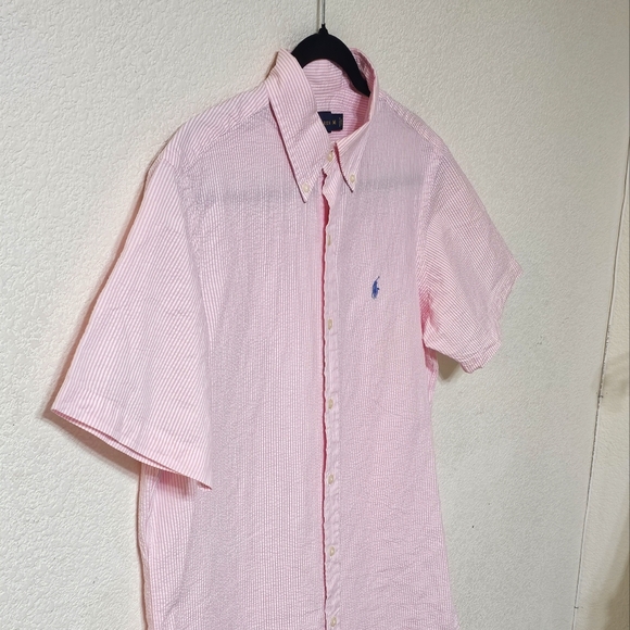 Ralph Lauren Shirt Mens M Short Sleeve Button Down Seersucker Striped Pink - Picture 3 of 9